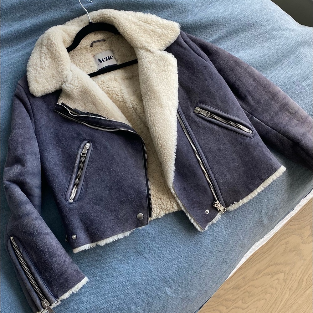 Acne Studios Shearling Zip Moto Jacket - Navy Blue / Tan - 36 - Suede